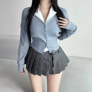 Waist-cinching V-neck Button Knit Cardigan Transitional Season Look