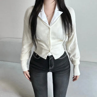 Waist-cinching V-neck Button Knit Cardigan Transitional Season Look