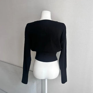 Waist-cinching V-neck Button Knit Cardigan Transitional Season Look