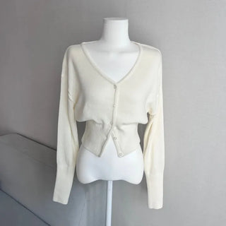 Waist-cinching V-neck Button Knit Cardigan Transitional Season Look