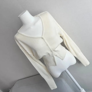 Waist-cinching V-neck Button Knit Cardigan Transitional Season Look