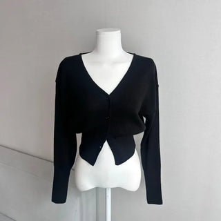 Waist-cinching V-neck Button Knit Cardigan Transitional Season Look