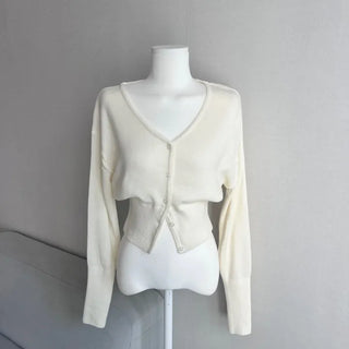 Waist-cinching V-neck Button Knit Cardigan Transitional Season Look