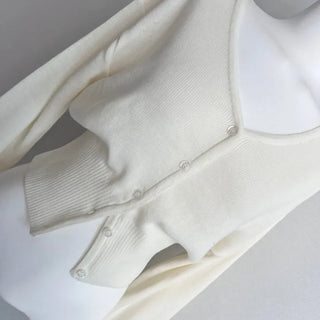 Waist-cinching V-neck Button Knit Cardigan Transitional Season Look