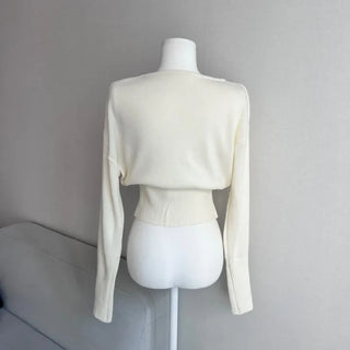 Waist-cinching V-neck Button Knit Cardigan Transitional Season Look