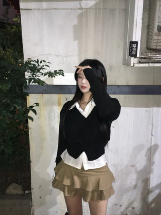 Waist-cinching V-neck Button Knit Cardigan Transitional Season Look