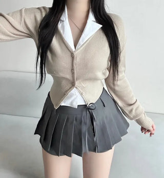 Waist-cinching V-neck Button Knit Cardigan Transitional Season Look