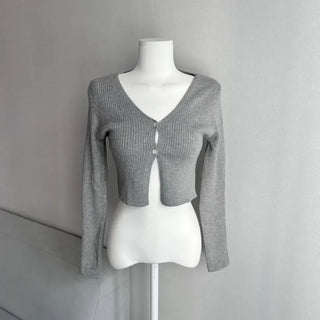 Two-Button Crop Knit Cardigan Y2K Button V-Neck Basic