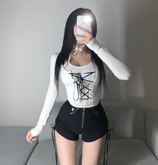 Fairy Ribbon Eyelet Halterneck Long Sleeve T-shirt Tee