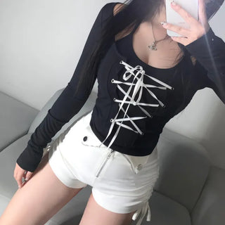 Fairy Ribbon Eyelet Halterneck Long Sleeve T-shirt Tee