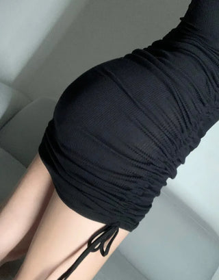 Shirred Mock Neck Halter Sleeveless Dress Ribbon Sexy