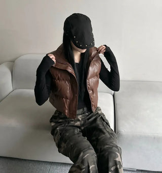 Unique Cropped Leather Padded Vest Jacket Daily Training