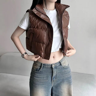 Unique Cropped Leather Padded Vest Jacket Daily Training