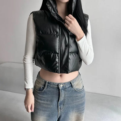 Unique Cropped Leather Padded Vest Jacket Daily Training
