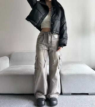 Leather String Crop Padded Jacket Daily Unique Y2K
