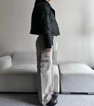 Leather String Crop Padded Jacket Daily Unique Y2K