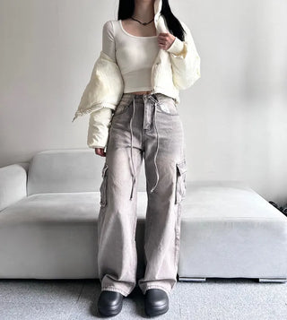 Leather String Crop Padded Jacket Daily Unique Y2K