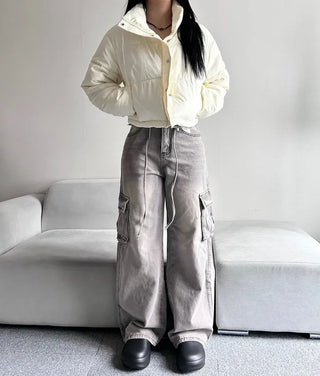 Leather String Crop Padded Jacket Daily Unique Y2K