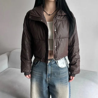 Leather String Crop Padded Jacket Daily Unique Y2K