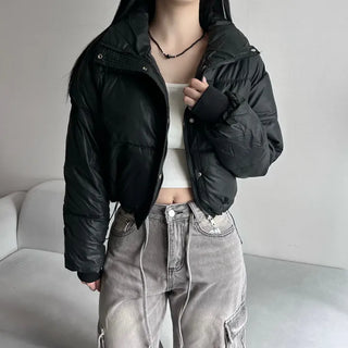 Leather String Crop Padded Jacket Daily Unique Y2K