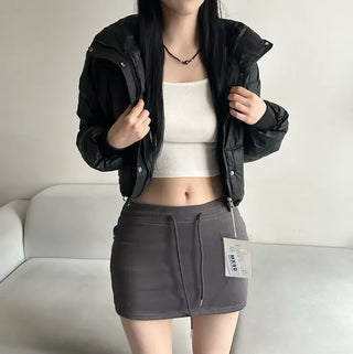 Leather String Crop Padded Jacket Daily Unique Y2K