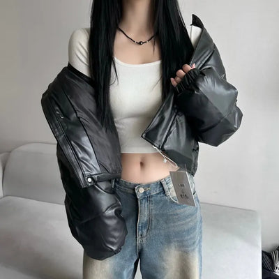 Winner Winter Crop Short Padded Jacket Leather Unique