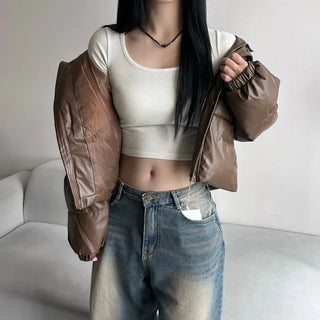 Winner Winter Crop Short Padded Jacket Leather Unique