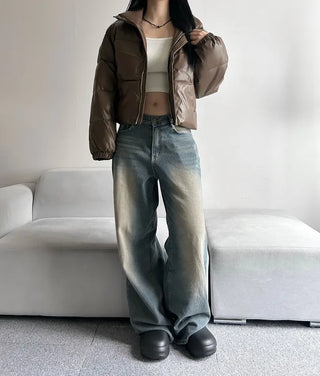 Winner Winter Crop Short Padded Jacket Leather Unique