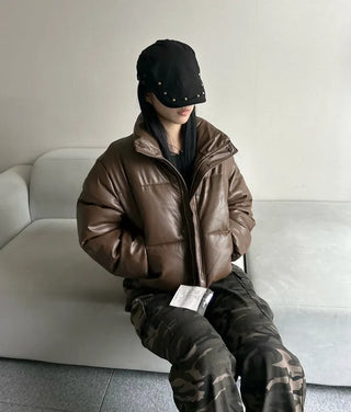 Winner Winter Crop Short Padded Jacket Leather Unique