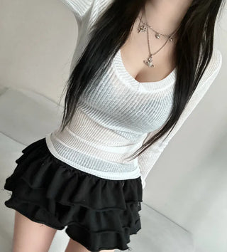 Delicate Sexy Fit Ribbed See-through Knit V-neck Daily