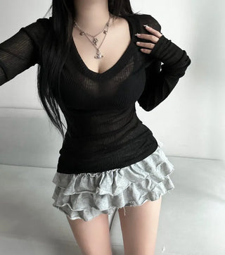 Delicate Sexy Fit Ribbed See-through Knit V-neck Daily