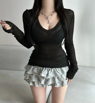 Delicate Sexy Fit Ribbed See-through Knit V-neck Daily