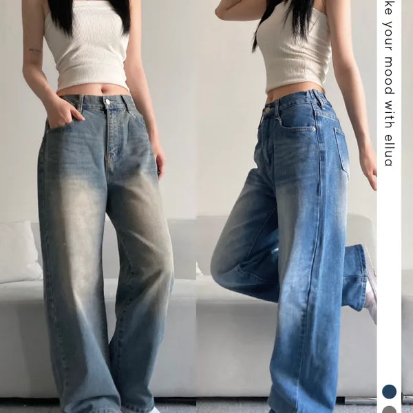 Vintage Washed Wide Denim Pants Back Elastic Waist