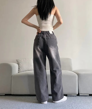 Vintage Washed Wide Denim Pants Back Elastic Waist
