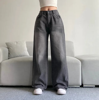 Vintage Washed Wide Denim Pants Back Elastic Waist