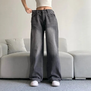 Vintage Washed Wide Denim Pants Back Elastic Waist