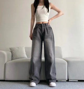 Vintage Washed Wide Denim Pants Back Elastic Waist