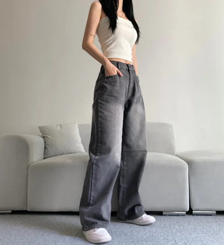 Vintage Washed Wide Denim Pants Back Elastic Waist