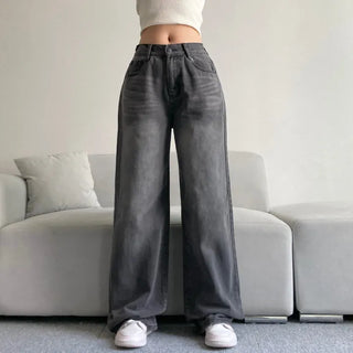 Vintage Washed Wide Denim Pants Back Elastic Waist