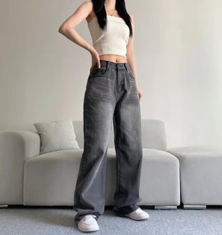 Vintage Washed Wide Denim Pants Back Elastic Waist