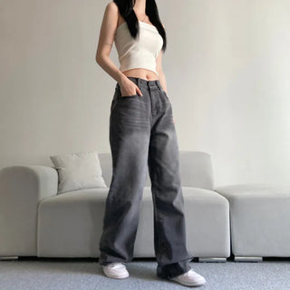 Vintage Washed Wide Denim Pants Back Elastic Waist