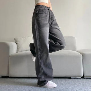 Vintage Washed Wide Denim Pants Back Elastic Waist