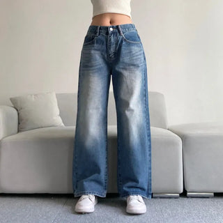Vintage Washed Wide Denim Pants Back Elastic Waist