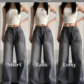 Vintage Washed Wide Denim Pants Back Elastic Waist