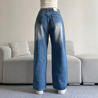 Vintage Washed Wide Denim Pants Back Elastic Waist