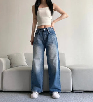 Vintage Washed Wide Denim Pants Back Elastic Waist
