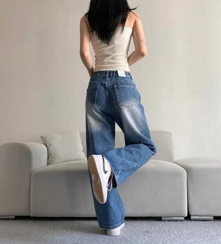 Vintage Washed Wide Denim Pants Back Elastic Waist