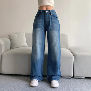 Vintage Washed Wide Denim Pants Back Elastic Waist