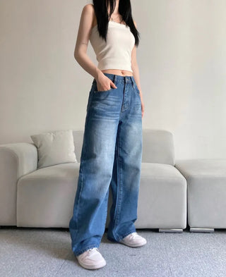 Vintage Washed Wide Denim Pants Back Elastic Waist