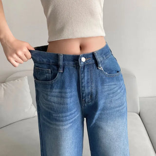 Vintage Washed Wide Denim Pants Back Elastic Waist